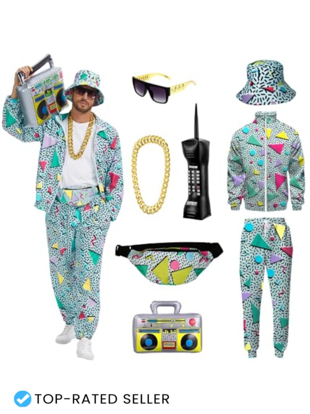 Men 80s 90s Retro Costume Set Jacket Sweatpants Hat Sunglasses Polyester